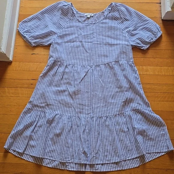 Beach Lunch Lounge, Luca Linen A-Line Prairie Dress, Striped Puff Sleeve, Size L - Picture 1 of 12